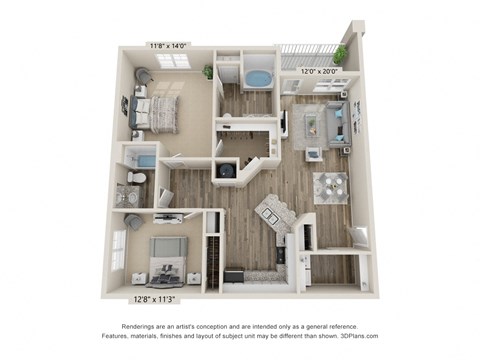 Floor plan for 2 beds, 2 baths, 1170 sqft